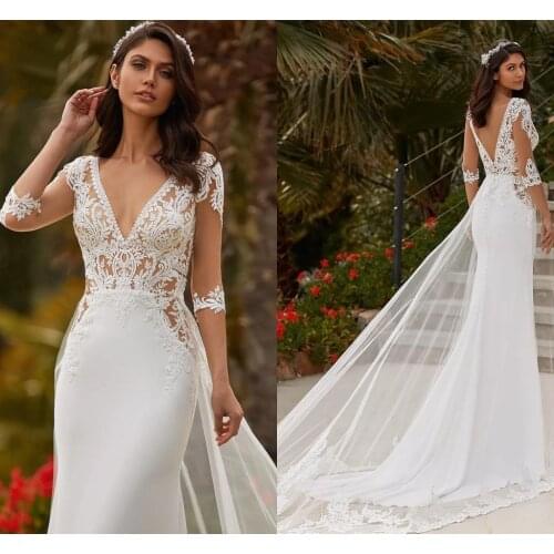 Mermaid 2021 Wedding Dress Illusion Lace Detachable Skirt Train 3/4 Sleeves Bride Gown For Women Open Back Robe De Mariee Custom