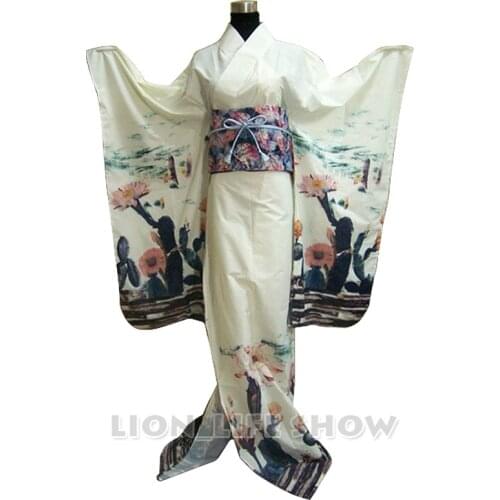 Women Japanese light Floral Long Furisode Kimono Cosplay Costume Outfit