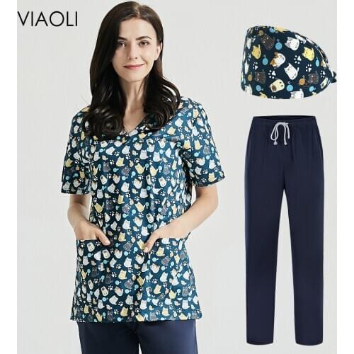100%Cotton Spa Uniforms Scrubs Tops Multicolor Health Workers Wear V-Neck Clothes Pet Beauty Salon Uniform Print Scrub Top Shirt