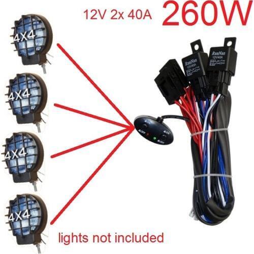 Universal 12v 260w Car light power switch 2x 40A relay harness lamp on off switch cable for Headlight spotlight Offroad lamp