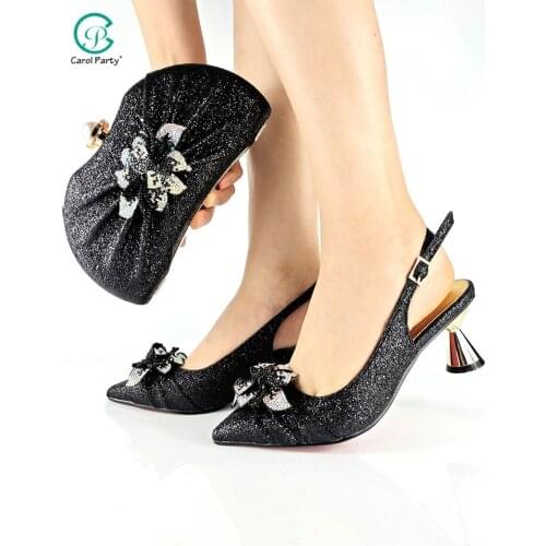 2021 New Arrival Italian Design Hot Selling Party African Women Shoes and Bag Set Decorated With Special Flower in Black Color