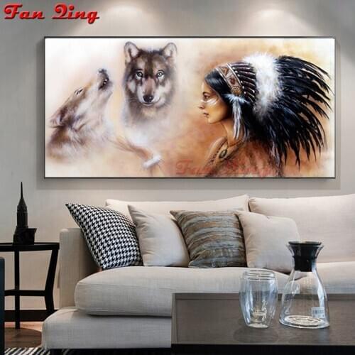 5D Diy Diamond Painting Cross Stitch Full Square Mosaic Diamond Embroidery Indians Wolf Girl Resin Rhinestone Home decor