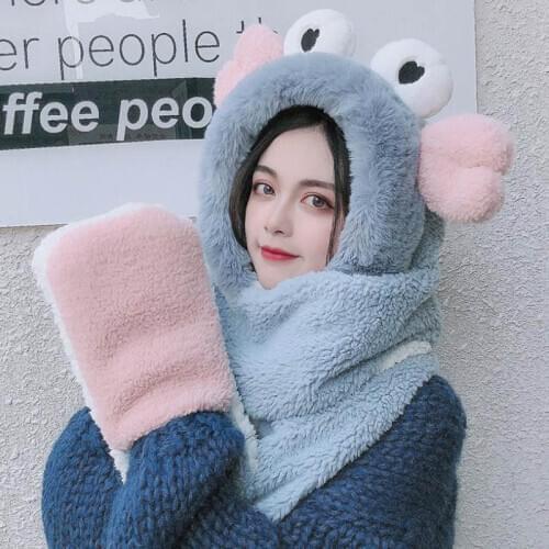 Doitbest Winter Women lambswool Hats Warm Thicken Ear Flaps snow Hats Womens Cute crab Scarf gloves hat one piece Beanie