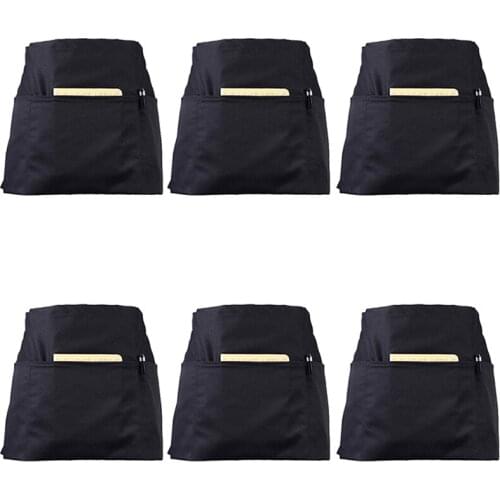 Practical 6 Pack Black Waist Aprons with 3 Pockets - Half Aprons for Waitress Waiter 24 x 12 Inch Server Aprons for Holding Serv
