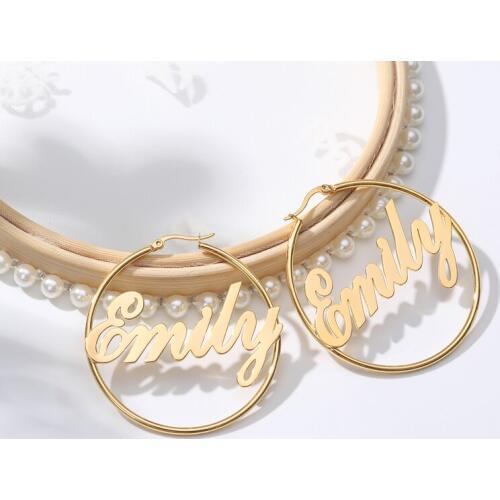 Personalized 20-70mm Big Earrings for Women Custom Any Name Jewelry Old English Font Stainless Steel Circle Earring Mujer gift