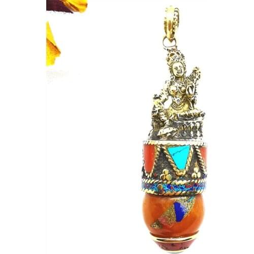 Indian Ganesh Amulet Pendants Tibetan Tara Buddha Pocket Buddha Brass Golden Handicrafts inlay Yellow Lucite Resin TBP654
