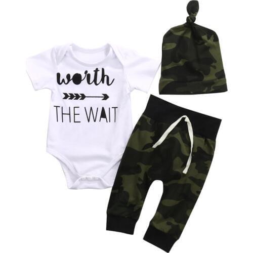 Infant Baby Boy Short Sleeve Rompers Camouflage Pants Hats Outfits Clothes Sets Cotton Worth The Wait Letters Print Jumpsuit