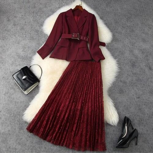 Two piece 2021 dress suit long sleeve waist closing ol small suit coat winter suit warm womens suit Lace Pleats long skirt set