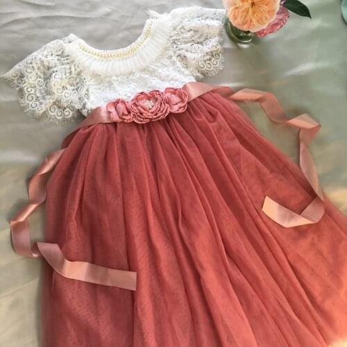 2021 Girls Lolita Lace Long Dress for Kids Straight Tulle Princess Vestido Wish Sashes Flowers Teens 's Wedding Clothing