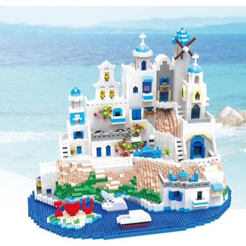 Mini Micro Blocks Greece Aegean Sea Bay Port Architecture Model Building Kits Toys Creator Girl Travel Ship City Lover Romance