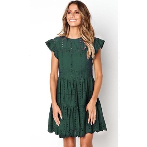 ZLDRESS Hollow Out Ruched A-Line Mini Dress Woman Ruffles Sleeve Beach Dress Woman Basic O-Neck Dresses Summer Sukienka Vestidos