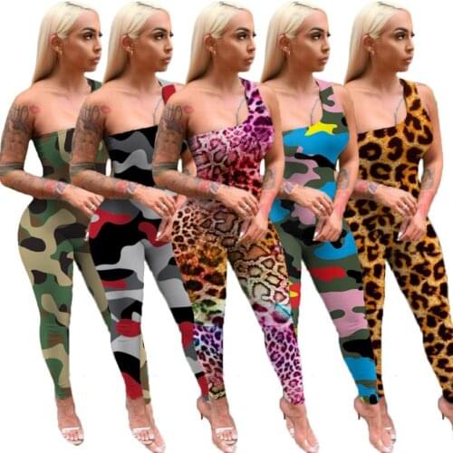 New arrival women sexy one shoulder leopard jumpsuits snake print one piece jumpsuit sexy rompers for women