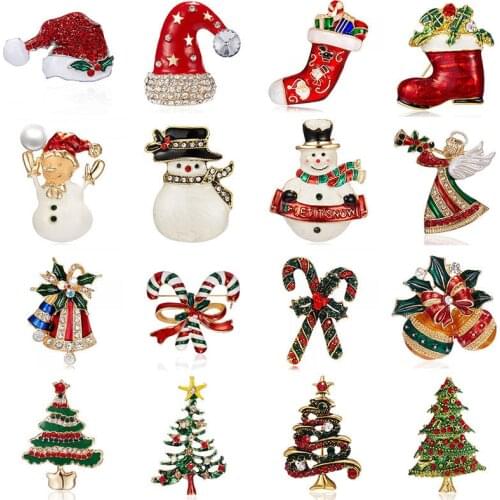 New Year Christmas Brooch For Women Fashion Snowman Santa Claus Tree Deer Bell Hat Enamel Rhinestone Cute Jewelry Kids Gifts