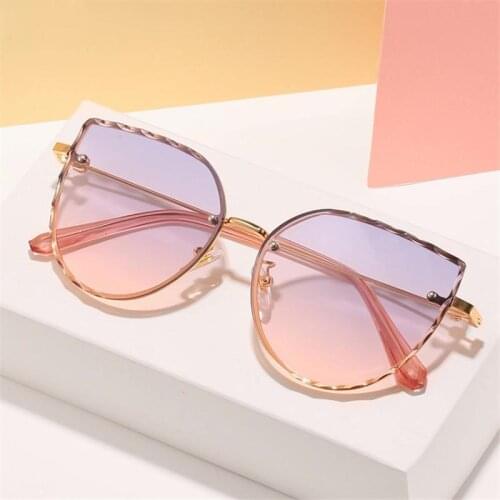 Cutting Lens Sunglasses Women Brand Designer Gradient Shades Sun Glasses Ladies Vintage Metal Blue Pink Eyeglasses UV400