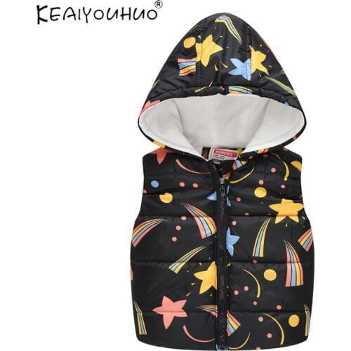 2020 New Autumn Winter Boys Sleeveless Hooded Girls Vest Jacket Cartoon Print Coat Kids Warm Cashmere Vest Outwear Clothes 2-6
