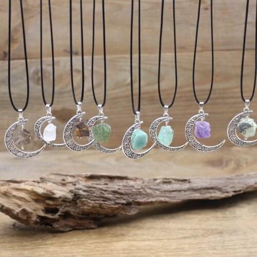 Healing Reiki Raw Stone Pendants Moon Necklace,Lapis Citrines Amethysts Crystal Antique Silver AccessoriesWomen Jewelry,QC3052