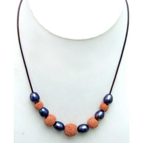 SALE Big 10-11mm Black Rice Natural Freshwater Pearl with Purple Lava rock Necklace 18" with Genuine Leather Cord-5908