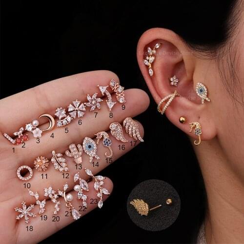 1Pc Stainless Steel Helix Piercing Jewelry Fashion Animal Plant Cz Ear Lobe Tragus Daith Cartilage Screw Back Earring Stud