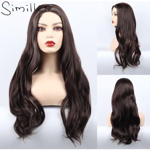Similler Long Women Synthetic Wigs Middle Part Wavy Hair High Temperature Fiber with Highlights Dark Brown