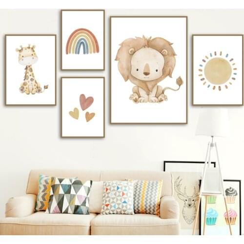 Nordic Poster Giraffe Zebra Lion Elephant Sun Rainbow Heart Wall Art Print Canvas Painting Boho Decor Pictures Baby Kids Room