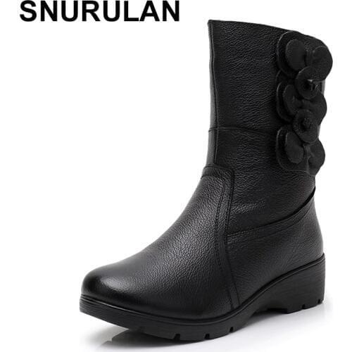 SNURULAN winter women boots warm winter boots made of genuine leather fashion boots mid-calf shoes with a round toe on a flat