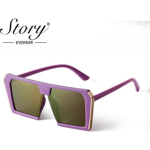 STORY Vintage Oversized Square Sunglasses Women Men 2020 Brand Design Retro Metal Edges Purple Mirrored Sun Glasses S2033B