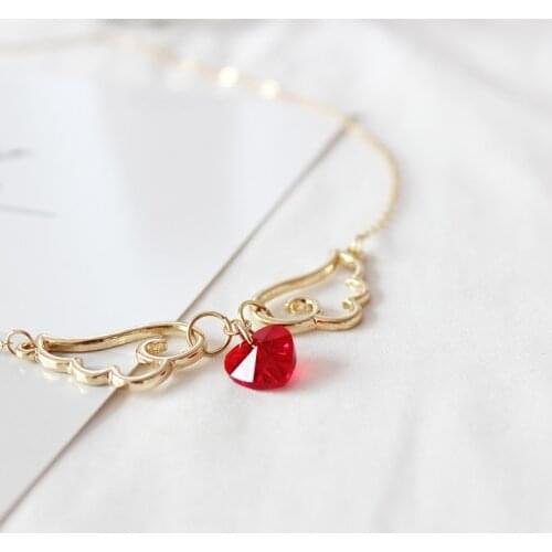 Gold Color Chain Crystal Red Heart Angel Wings Pendant Short Necklace For Women Femme Girls