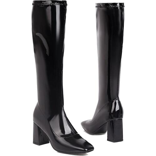 LDHZXC 2020 Woman Boots Square Heel Knee-High Classic Square Toe Boots PU Leather Boots Party Dress Dance Shoes big size 34-46