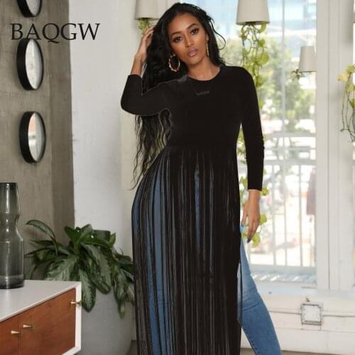 Women Summer Sexy Tassel Patchwork Top Fashion Party Nightclub Clothes Long Sleeve Maxi T-shirt Vintage Long Vestido Dresses