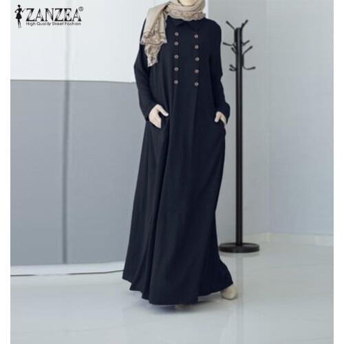 ZANZEA Women Double-breasted Button Dress 2021 Long Sleeve Kaftan Dress Loose Casual Maxi Dresses Abaya Hijab Dresses Vestido