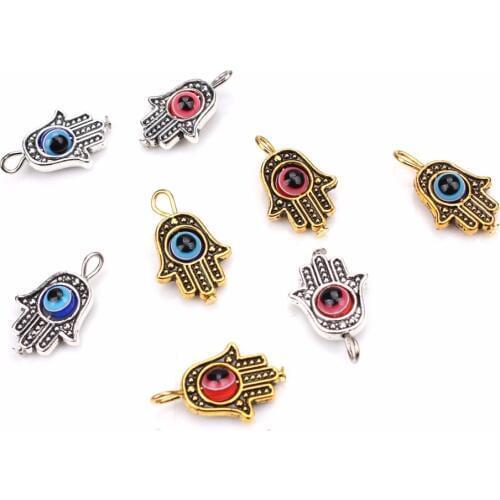 20pcs/lot Silver Color Copper Hamas Hand & Lucky Evil Eye Jewelry Findings For Earrings Bracelets Necklaces UF7327