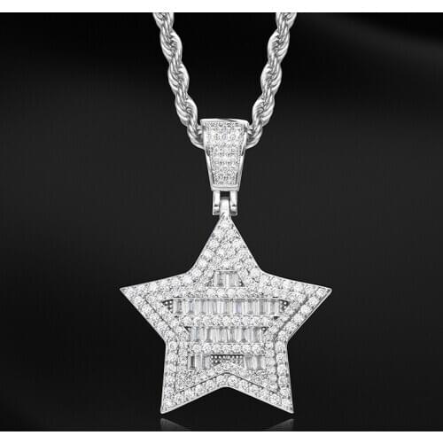 Shiny Iced Out Bling Pendant Necklace Hip Hop Jewelry Pentagram Necklace Silver Color Cubic Zircon Mens Women Gift