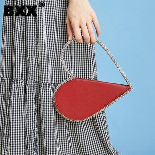 [BXX] Women New Luxury Heart-shaped Handbag With Diamond Niche Dinner Bag Clutch PU Leather All-match Fashion Trending 2021