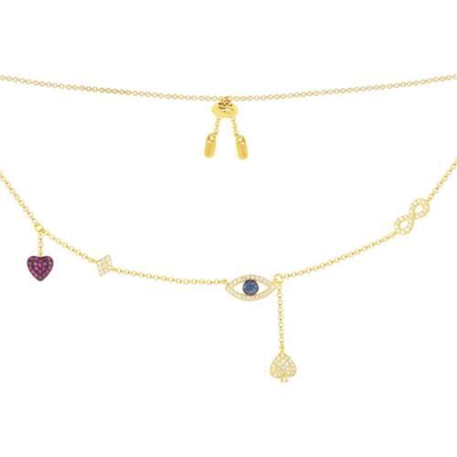 SLJELY 925 Sterling Silver Micro Cubic Zirconia Lucky Heart and Eyes Pendant Adjust Chain Necklace Women Fashion Brand Jewelry