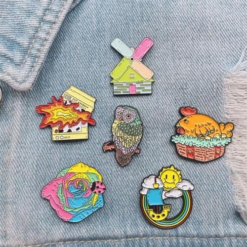Cartoon Color Windmill Rainbow Sun Cloud Enamel Brooch Flower Animal Chicken Bird Milk Alloy Pins Cute Badge Woman Sweet Jewelry