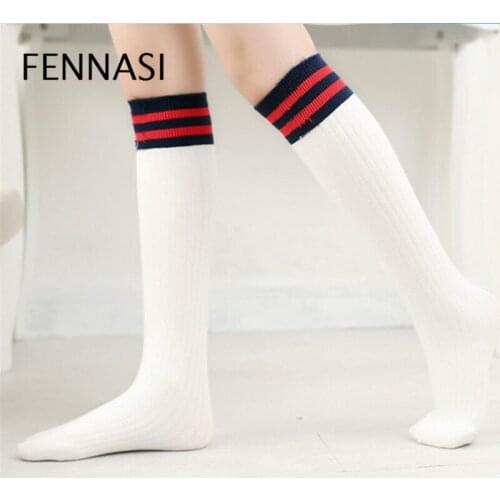 FENNASI Girl Knee High Socks Candy Color Stripes Cotton White Socks Winter Warm Breathable Striped Tube Socks