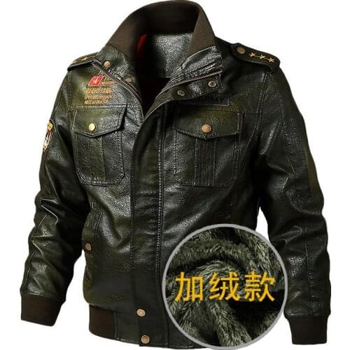 Classic Mens Winter Plus Velvet Thick PU Leather Jacket Stand Collar Casual Embroidery Bomber Jackets Overcoat Plus Size M-6XL