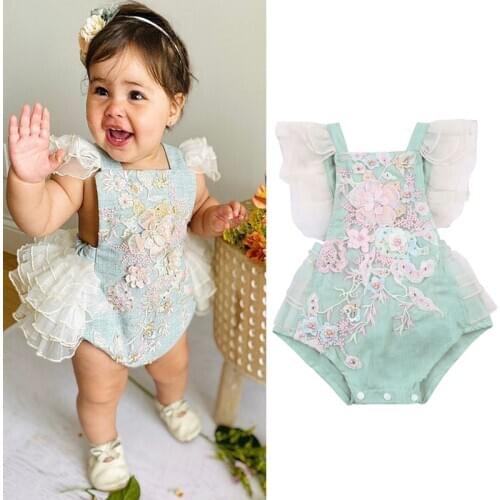 Newborn Baby Girl Jumpsuit Fly Sleeve Backless Jumpsuit Lace Embroidery Flower Printed Toddler O-Neck Cute Romper