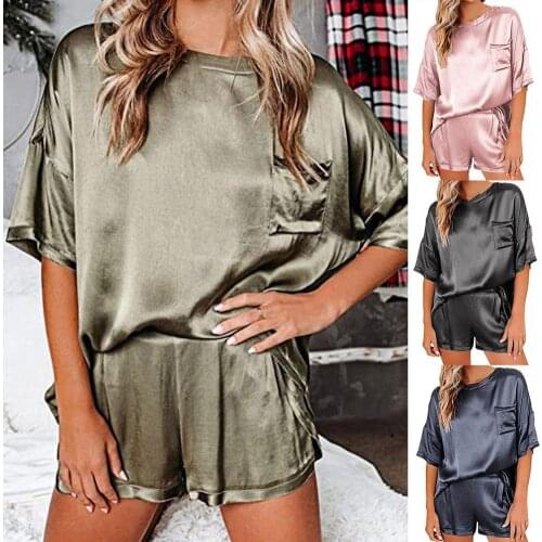 Stylish Women Pajama Set Satin Solid Color Breathable Two Piece Short Sleeve Top Shorts Women Sleepwear Set for Wedding Night