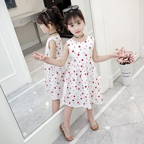 CNUM Summer Girls Cotton Fabric Sleeveless Dress Printed Lovely Kids O-neck Dresses for Teenager Children Clothes Wholesale