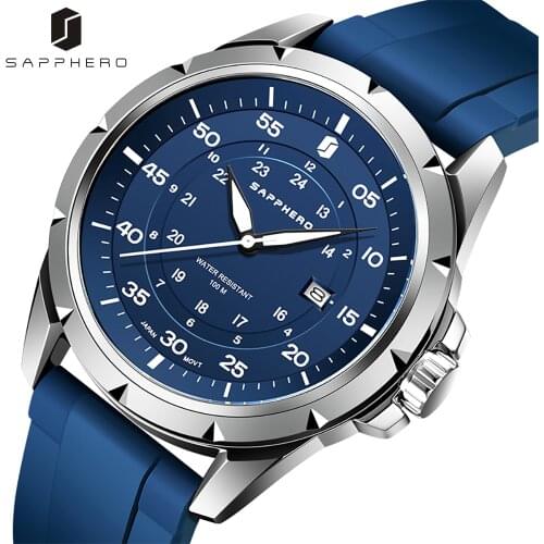 Mens Watches SAPPHERO Casual Waterproof 10ATM Silicone Strap Quartz Movement Wristwatch Stainless Steel Luminous Luxury Clock