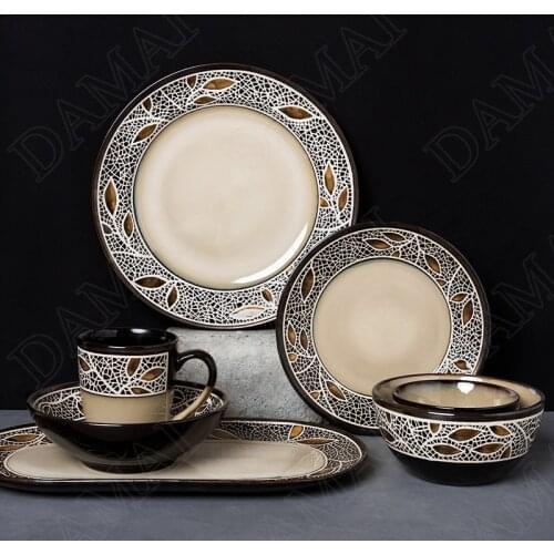 Retro Ceramic Plate Set Relief Decorative Western Steak Dish Dining Table Fruit Salad Tray Kitchen Dishes and Plates Sets