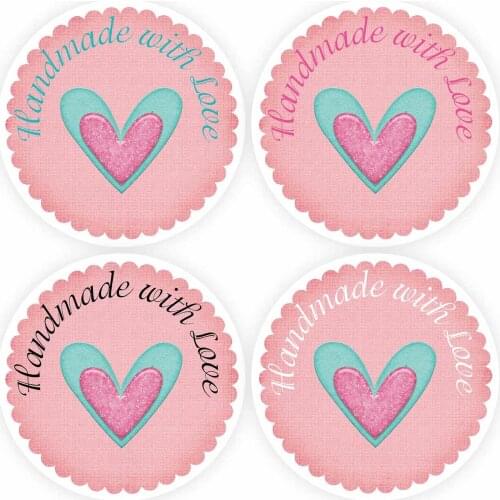 DouxArt 100 Pieces Handmade with Love Stickers , 4CM Double Heart Pink Wedding Anniversary Party Baptism Communion Label Seals
