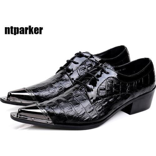 Ntparker Italian Style Luxury Mans Shoes Pointed Metal Toe Black Business Leather Shoes Male Black Dress Shoes, SizeEU38-46