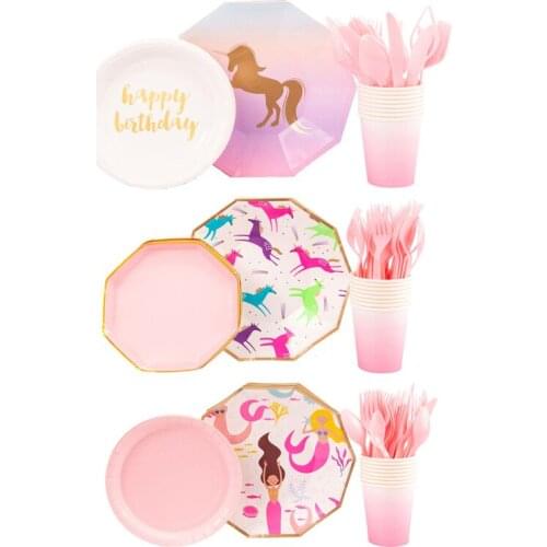 40pcs Cartoon Unicorn Disposable Tableware Disposable Paper Plate Cups Flamingo Birthday Party Decorations Kids Party Supplies