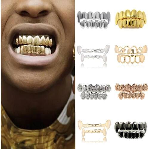 Fashion Hip Hop Gold Teeth Top Bottom Grills Dental Mouth Punk Teeth Caps Cosplay Party Halloween Ball Teeth Caps Free Shipping