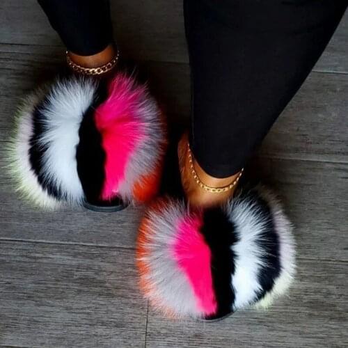 Fluffy Fur Slides Women Fuzzy Fur Slippes Fur Flip Flops Flat Furry Raccoon Fur Sandals Home Slipper Women Fluffy Slides Shoes