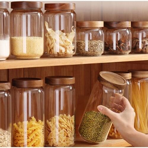 Glass Jar with Wood Lids Sealed Airtight Bottle 350/500/750/1000/1700ml Pasta Rice Tea Food Storage Container Canister Grains