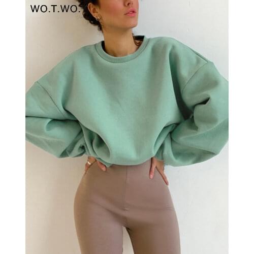 WOTWOY Autumn Winter Fur-Liner Oversized Sweatshirt Women Casual Thickening Fleece Pullovers Female Soft Warm Green Tops 2021