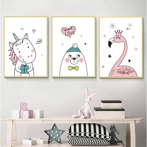 Cartoon Unicorn Bear Flamingo Canvas Poster Nursery Wall Art Print Canvas Painting Nordic Kids Decor Picture Baby Bedroom Decor